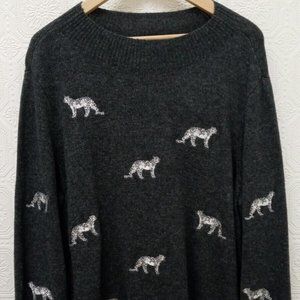 Chico's Grey Knit Panther Stitch Round Neck Long Sleeve Sweater Top Size 3